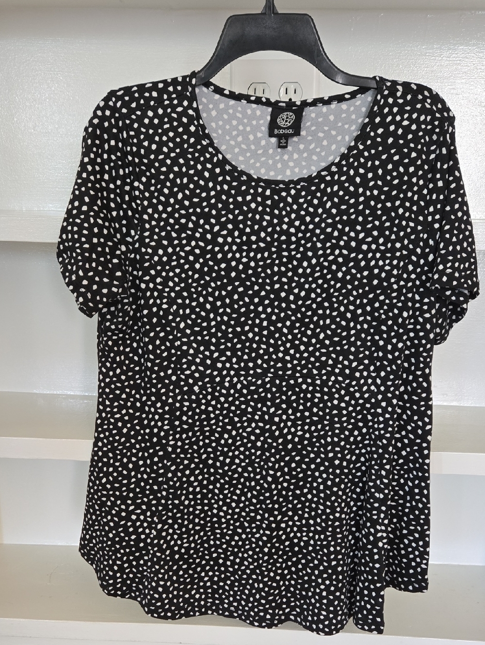 Bobeau Black Short Sleeve Scoop Neck Top with White Dot Print (Peplum Style)